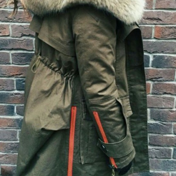 Popski Army Green Jacket with Raccoon Fur Collar - Picture 3 of 6